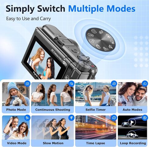 8K Digital Camera for Photography,88MP HD WiFi Vlogging Camera for YouTube | 3" 180° Flip Screen,Autofocus,Compact Camera with 18X Digital Zoom,Flash,32GB TF Card & 2 Batteries(Gunmetal) in Kuwait