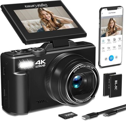 4K Digital Camera for Photography,64MP Vlogging Camera for YouTube(Black) | 3" 180°Flip Screen, 18X Digital Zoom,WIFI,Autofocus Compact Camera with Flash,32GB TF Card & 2 Batteries in Kuwait