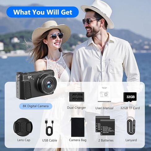 8K Digital Camera for Photography,88MP HD WiFi Vlogging Camera for YouTube | 3" 180° Flip Screen,Autofocus,Compact Camera with 18X Digital Zoom,Flash,32GB TF Card & 2 Batteries(Gunmetal) in Kuwait