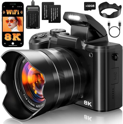 8K Digital Cameras for Photography, 88MP WiFi Professional Photography Camera with Dual-Lens for YouTube, 16X Zoom, Autofocus, SD Card, Lens Hood, Touch Screen, 2 Batteries & Charging Stand in Kuwait