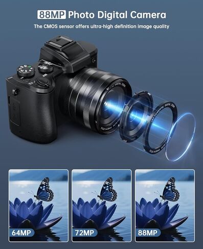 8K Digital Cameras for Photography, 88MP WiFi Professional Photography Camera with Dual-Lens for YouTube, 16X Zoom, Autofocus, SD Card, Lens Hood, Touch Screen, 2 Batteries & Charging Stand in Kuwait