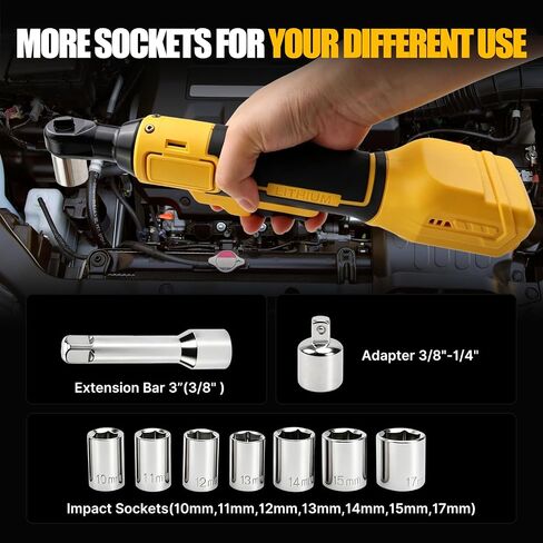 3/8" Cordless Ratchet Wrench,Compatible with DEWALT 20V MAX Battery,73.6 Ft-Lbs (100N.m) Brushless Electric Wrench Ratchet with Variable Speed Trigger,7 Sockets,1/4" Adaptor,3" Extension Bar in Kuwait