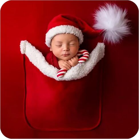 Christmas Newborn Phography Props Blanket Set, Baby Boy Girl Photo Outfit | 47.24"x" 39.37 Bean Bag Blanket with Pocket & Santa Hat for Infant PhotoShoot & Milestone in Kuwait