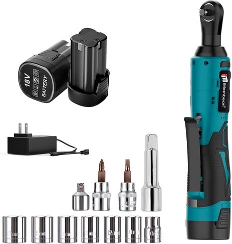 3/8" Cordless Electric Ratchet Wrench,18V 45 ft-lbs (60Nm) High Torque Power Right Angle Ratchet Tool Kit with 2×2.0Ah Batteries,Variable Speed Trigger,Fast Charger,10–17mm Sockets,Extension rod in Kuwait