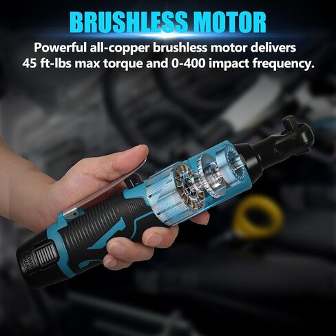 3/8" Cordless Electric Ratchet Wrench,18V 45 ft-lbs (60Nm) High Torque Power Right Angle Ratchet Tool Kit with 2×2.0Ah Batteries,Variable Speed Trigger,Fast Charger,10–17mm Sockets,Extension rod in Kuwait