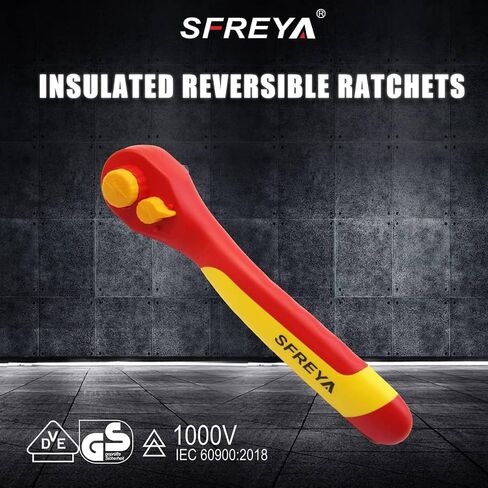 F820108, 3/8Inch Drive 1000V Insulated Ratchet Wrench, VDE GS Certified IEC 60900, meets ASTM Standards, Reversible Quick Release, Chrome Vanadium Steel, Safety Hand Tool for Electricians in Kuwait