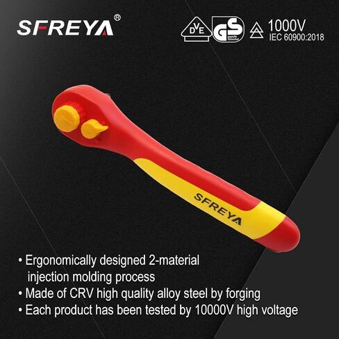 F820108, 3/8Inch Drive 1000V Insulated Ratchet Wrench, VDE GS Certified IEC 60900, meets ASTM Standards, Reversible Quick Release, Chrome Vanadium Steel, Safety Hand Tool for Electricians in Kuwait