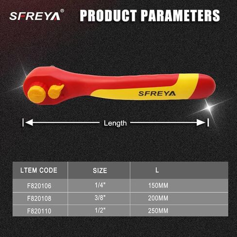 F820108, 3/8Inch Drive 1000V Insulated Ratchet Wrench, VDE GS Certified IEC 60900, meets ASTM Standards, Reversible Quick Release, Chrome Vanadium Steel, Safety Hand Tool for Electricians in Kuwait