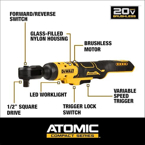 DEWALT ATOMIC™ 20V MAX* Brushless 1/2 in. Ratchet (Tool Only) (DCF512B) (Renewed) in Kuwait