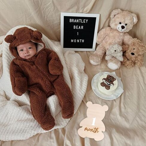 Bear Themed Monthly Milestone Discs | Bear Theme Interchangeable Monthly Milestone Cards, Monthly Wooden Milestone Discs for Photo Prop, Baby Shower, Month Photos in Kuwait