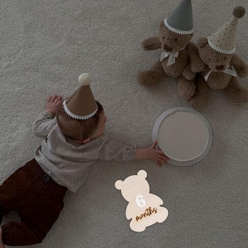 Bear Themed Monthly Milestone Discs | Bear Theme Interchangeable Monthly Milestone Cards, Monthly Wooden Milestone Discs for Photo Prop, Baby Shower, Month Photos in Kuwait