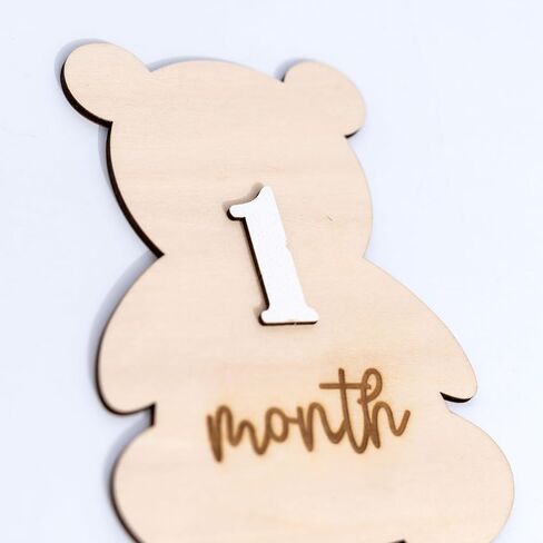 Bear Themed Monthly Milestone Discs | Bear Theme Interchangeable Monthly Milestone Cards, Monthly Wooden Milestone Discs for Photo Prop, Baby Shower, Month Photos in Kuwait
