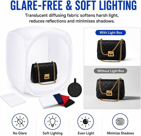 24x24 Photo Studio Light Box with 4 Backdrops | Foldable 24x24" photography tent with 4 backdrops and soft light diffusion for glare-free product photography. in Kuwait