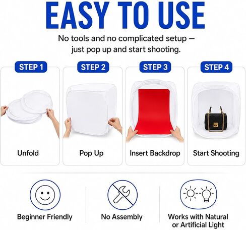 24x24 Photo Studio Light Box with 4 Backdrops | Foldable 24x24" photography tent with 4 backdrops and soft light diffusion for glare-free product photography. in Kuwait