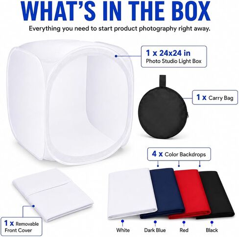 24x24 Photo Studio Light Box with 4 Backdrops | Foldable 24x24" photography tent with 4 backdrops and soft light diffusion for glare-free product photography. in Kuwait