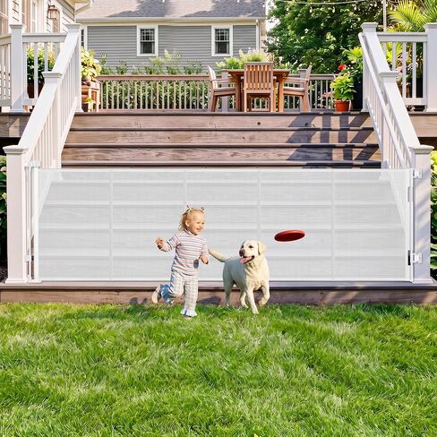 108" Wide Weatherproof Outdoor Retractable Dog Gates Extra Wide with Rust-Proof Stainless Steel Hardware& Waterproof Mesh, Reinforced 9 Ft Extra Long Retractable Baby Gate to Prevent Crawling Through in Kuwait