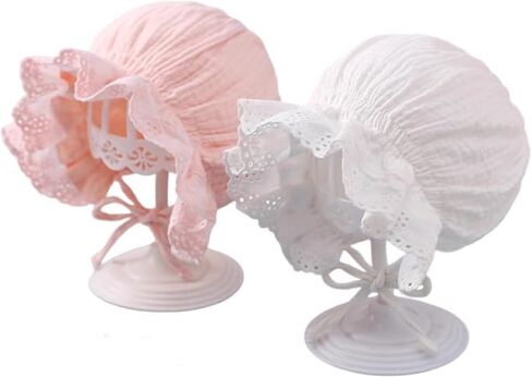 Babygirls Soft Cotton Muslin-Bonnet - Vintage Lace Ruffle Newborn Sun Protection Hat Adjustable Chin in Kuwait