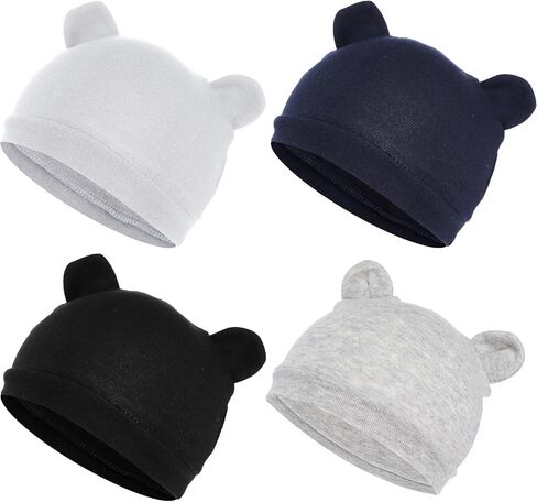 4 Pcs Newborn Bear Ears Hats, Newborn Toddler Soft Beanie Hat for Unisex Infant Boys Girls 0-24 Months Soft Breathable Cute Bear Caps for Dolls Pets in Kuwait