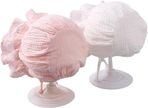 Babygirls Soft Cotton Muslin-Bonnet - Vintage Lace Ruffle Newborn Sun Protection Hat Adjustable Chin in Kuwait