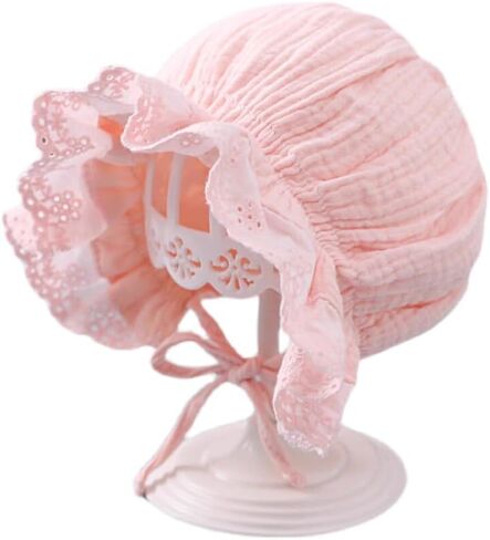 Babygirls Soft Cotton Muslin-Bonnet - Vintage Lace Ruffle Newborn Sun Protection Hat Adjustable Chin in Kuwait