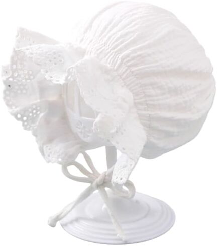 Babygirls Soft Cotton Muslin-Bonnet - Vintage Lace Ruffle Newborn Sun Protection Hat Adjustable Chin in Kuwait