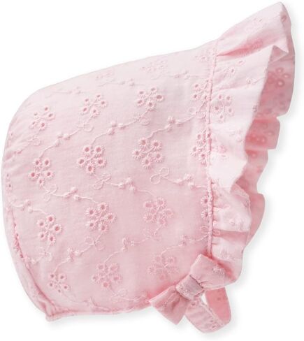 Baby Bonnet Cotton Eyelet Lace Infant Girl Summer Hat Cap | Breathable 100% cotton eyelet lace, adjustable windproof chin strap, 3 sizes 3-6M to 18M, bow decor for baptism & daily wear in Kuwait