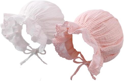 Babygirls Soft Cotton Muslin-Bonnet - Vintage Lace Ruffle Newborn Sun Protection Hat Adjustable Chin in Kuwait