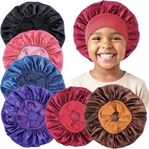 6 PCS Satin Bonnet Kids Set, Toddler Bonnet, Silk Sleep Cap, 6 Color | Kids Bonnet Bulk, Soft Kid Hair Bonnet for Sleeping, Girls Toddler, Curly Hair and Braids in Kuwait