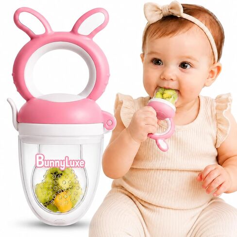 Silicone Baby Fruit Feeder for 4 to 10 Months Plus Baby Food Feeder Pacifier for Safe Self Feeding Teething Relief Fresh Food and Baby Led Weaning, Pink in Kuwait