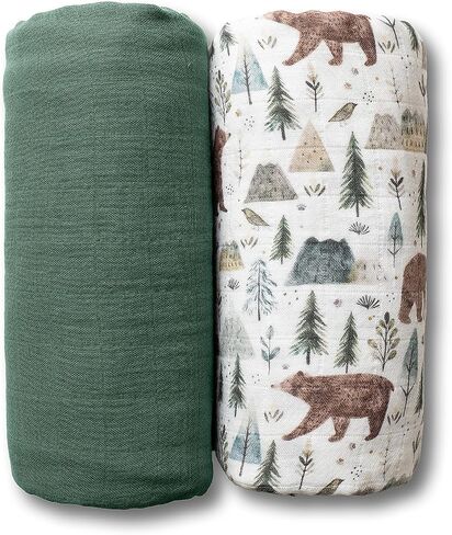 Miaoberry GOTS Certified Organic Muslin Swaddle Blankets, 2 Pack Baby Receiving Blankets, Soft Breathable Cotton Swaddles for Newborn Boys & Girls, Forest Bear & Green in Kuwait