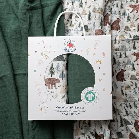 Miaoberry GOTS Certified Organic Muslin Swaddle Blankets, 2 Pack Baby Receiving Blankets, Soft Breathable Cotton Swaddles for Newborn Boys & Girls, Forest Bear & Green in Kuwait