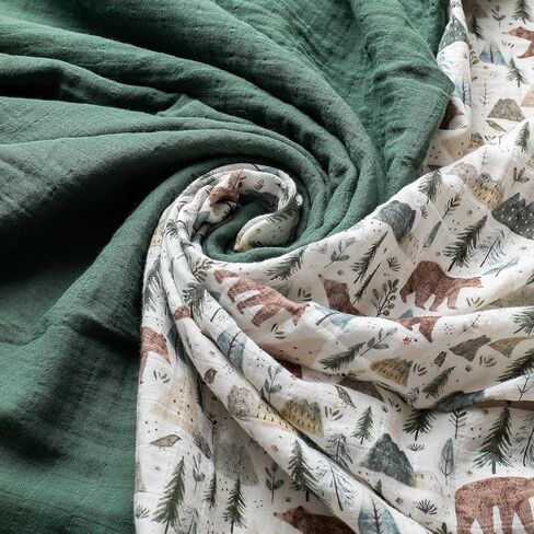 Miaoberry GOTS Certified Organic Muslin Swaddle Blankets, 2 Pack Baby Receiving Blankets, Soft Breathable Cotton Swaddles for Newborn Boys & Girls, Forest Bear & Green in Kuwait