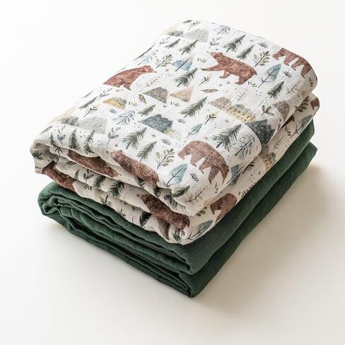 Miaoberry GOTS Certified Organic Muslin Swaddle Blankets, 2 Pack Baby Receiving Blankets, Soft Breathable Cotton Swaddles for Newborn Boys & Girls, Forest Bear & Green in Kuwait