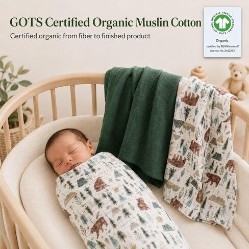 Miaoberry GOTS Certified Organic Muslin Swaddle Blankets, 2 Pack Baby Receiving Blankets, Soft Breathable Cotton Swaddles for Newborn Boys & Girls, Forest Bear & Green in Kuwait