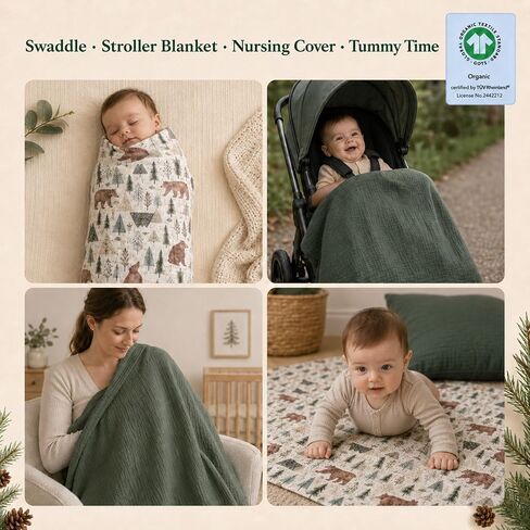Miaoberry GOTS Certified Organic Muslin Swaddle Blankets, 2 Pack Baby Receiving Blankets, Soft Breathable Cotton Swaddles for Newborn Boys & Girls, Forest Bear & Green in Kuwait