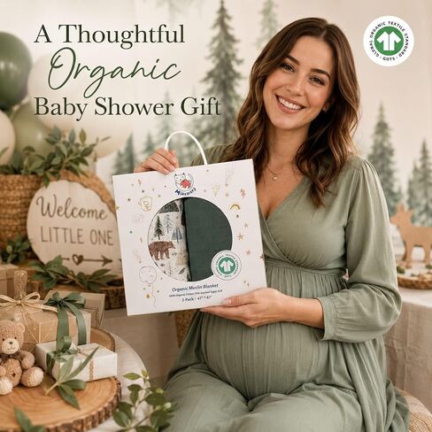 Miaoberry GOTS Certified Organic Muslin Swaddle Blankets, 2 Pack Baby Receiving Blankets, Soft Breathable Cotton Swaddles for Newborn Boys & Girls, Forest Bear & Green in Kuwait
