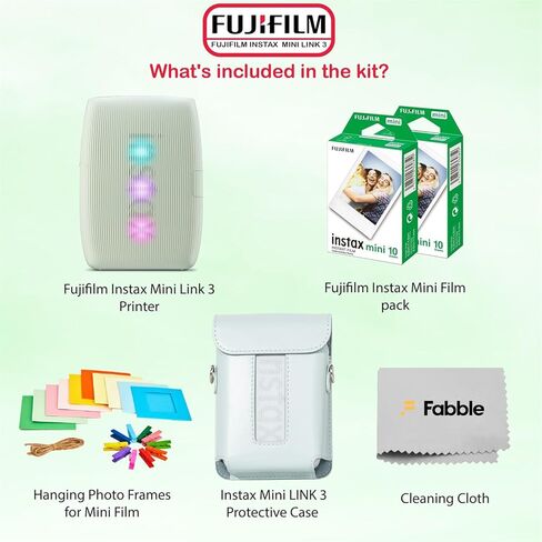Fujifilm Instax Mini Link 3 Smartphone Printer – Sage Green Bundle with a Matching Protective Case, Twin Pack Instant Film (20 Sheets), Hanging Photo Frames, and Premium Microfiber Cleaning Cloth in Kuwait