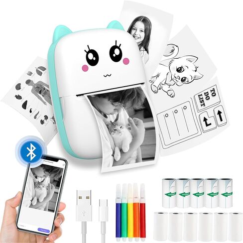 Mini Thermal Printer, Inkless Printer with 5 Rolls Paper, Bluetooth Smart Pocket Compatible with iOS & Android, Portable Thermal Printers for PicturesRetro-Style PhotosReceiptsNotes in Kuwait