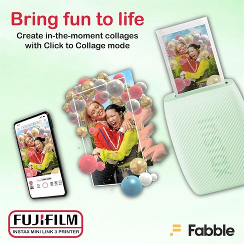 Fujifilm Instax Mini Link 3 Smartphone Printer – Sage Green Bundle with a Matching Protective Case, Twin Pack Instant Film (20 Sheets), Hanging Photo Frames, and Premium Microfiber Cleaning Cloth in Kuwait