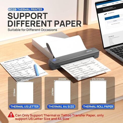 POLONO Portable Printer Wireless for Travel, D810 Bluetooth Thermal Printer Support for 8.5"x11" US Letter, Inkless Compatible with iOS, Android, Laptop for Office, Car and Home, Grey in Kuwait