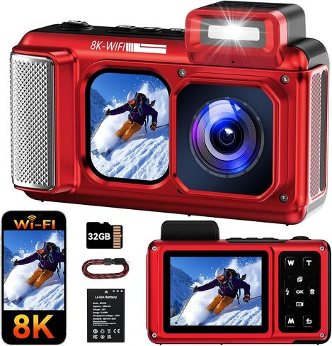 Maxmango V08 Pro 49FT Underwater Camera - 8K 90MP WiFi Waterproof Digital Camera with Touchscreen, Dustproof Shockproof Rugged Camera for Snorkeling, 32GB Point and Shoot Digital Digital Cam - Red in Kuwait