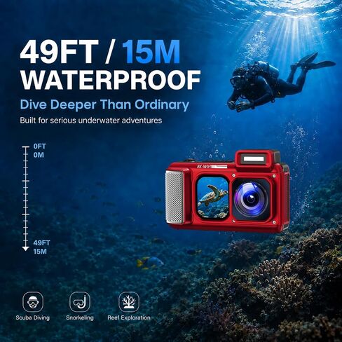 Maxmango V08 Pro 49FT Underwater Camera - 8K 90MP WiFi Waterproof Digital Camera with Touchscreen, Dustproof Shockproof Rugged Camera for Snorkeling, 32GB Point and Shoot Digital Digital Cam - Red in Kuwait
