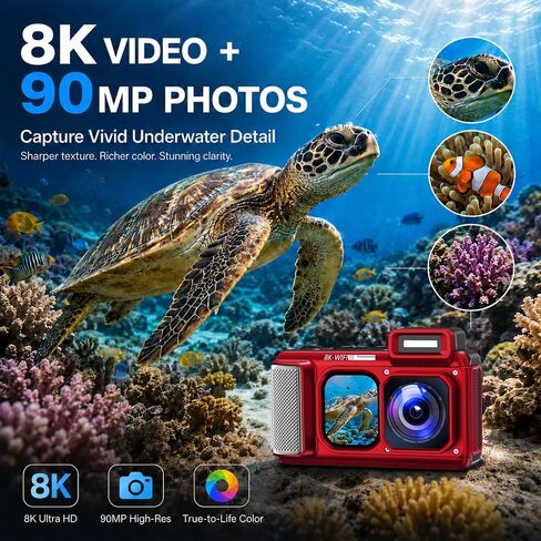 Maxmango V08 Pro 49FT Underwater Camera - 8K 90MP WiFi Waterproof Digital Camera with Touchscreen, Dustproof Shockproof Rugged Camera for Snorkeling, 32GB Point and Shoot Digital Digital Cam - Red in Kuwait
