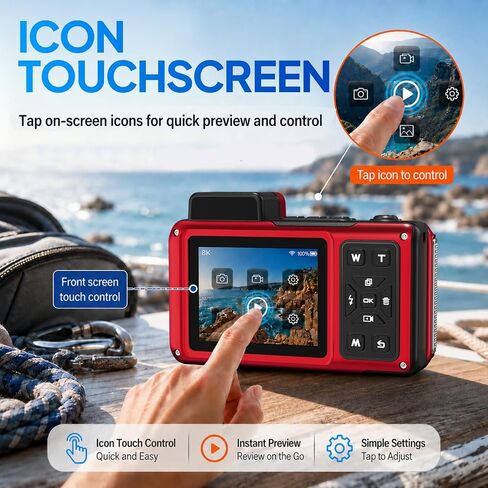 Maxmango V08 Pro 49FT Underwater Camera - 8K 90MP WiFi Waterproof Digital Camera with Touchscreen, Dustproof Shockproof Rugged Camera for Snorkeling, 32GB Point and Shoot Digital Digital Cam - Red in Kuwait