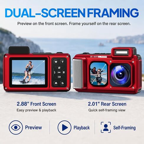 Maxmango V08 Pro 49FT Underwater Camera - 8K 90MP WiFi Waterproof Digital Camera with Touchscreen, Dustproof Shockproof Rugged Camera for Snorkeling, 32GB Point and Shoot Digital Digital Cam - Red in Kuwait
