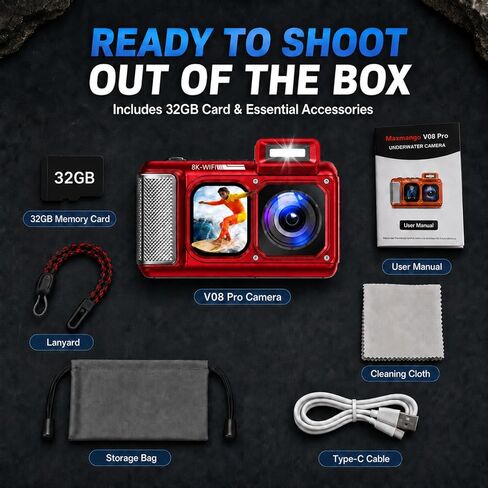 Maxmango V08 Pro 49FT Underwater Camera - 8K 90MP WiFi Waterproof Digital Camera with Touchscreen, Dustproof Shockproof Rugged Camera for Snorkeling, 32GB Point and Shoot Digital Digital Cam - Red in Kuwait