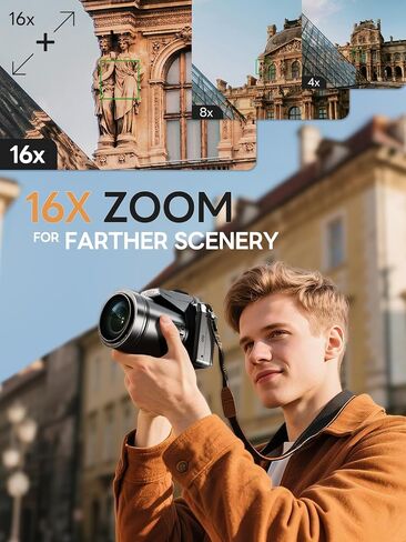 8K 64MP Digital Camera for Photography, Professional Camera(Black) | Autofocus & Anti-Shake,16X Zoom,WiFi,180° Flip Screen,32GB TF Card & 2 Batteries for YouTube Vlogging & Live Streaming in Kuwait