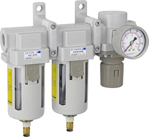 PneumaticPlus SAU430-N04DG Three Stage Air Drying System Particulate Air Filter, Coalescing Filter, Air Pressure Regulator Combo 1/2" NPT - Poly Bowl, Auto Drain, Bracket, Gauge in Kuwait