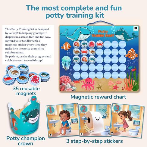 Auvan® 3‑in‑1 Toddler Potty Training Toilet, Potty Training Seat, and Non-Slip Step Stool. Includes Training kit to Motivate Learning with Reward Chart. Baby Toilet Trainer for Boys and Girls. in Kuwait