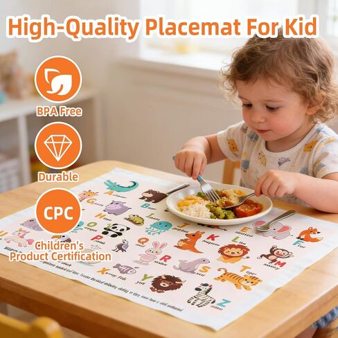 60 Pack Disposable Placemats for Baby, 12"x18" Sticky Placemats for Toddlers, Disposable Baby Placemats for Kids Restaurant & Travel, Animal Alphabet Design in Kuwait
